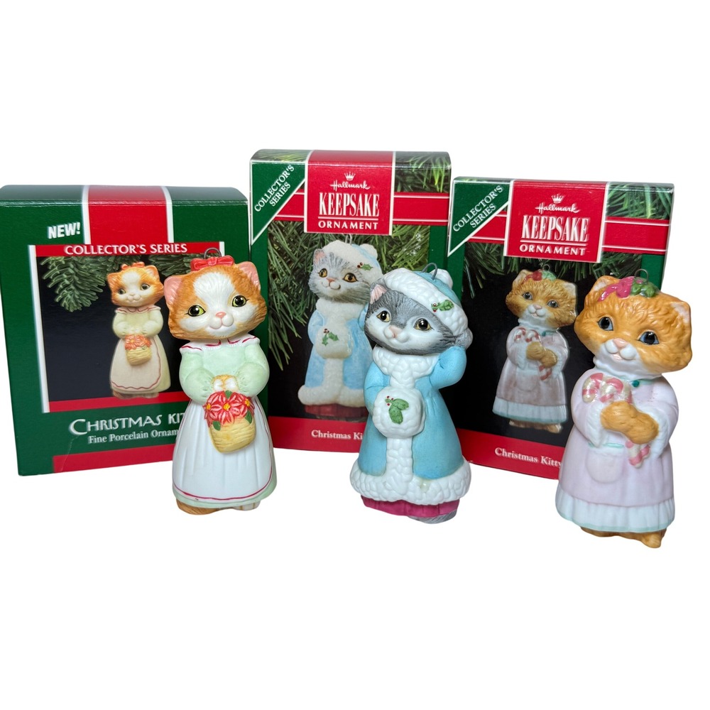Hallmark Keepsake Christmas Kitty Porcelain Ornament Set 1989 1990 1991 1-3 Box